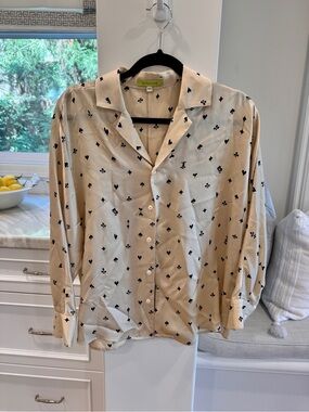 Lovers + Friends Beige Button-Down Shirt with Black Card Motif